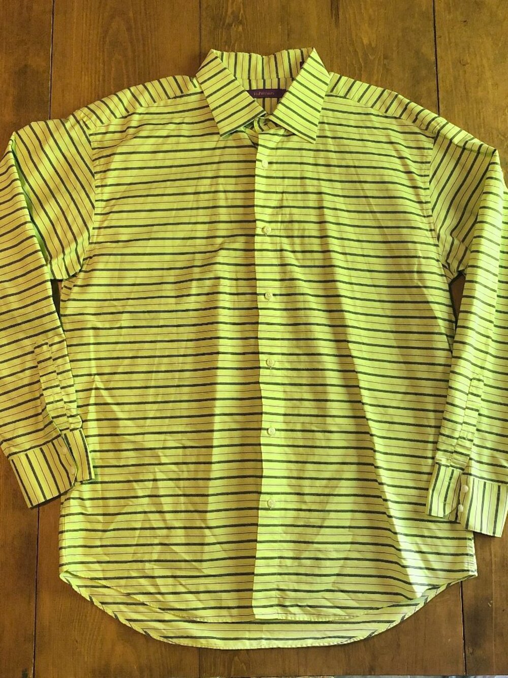 Kuhlman 100% Cotton Mens 45 XL Chartreuse Yellow Stripe Button Down Dress Shirt